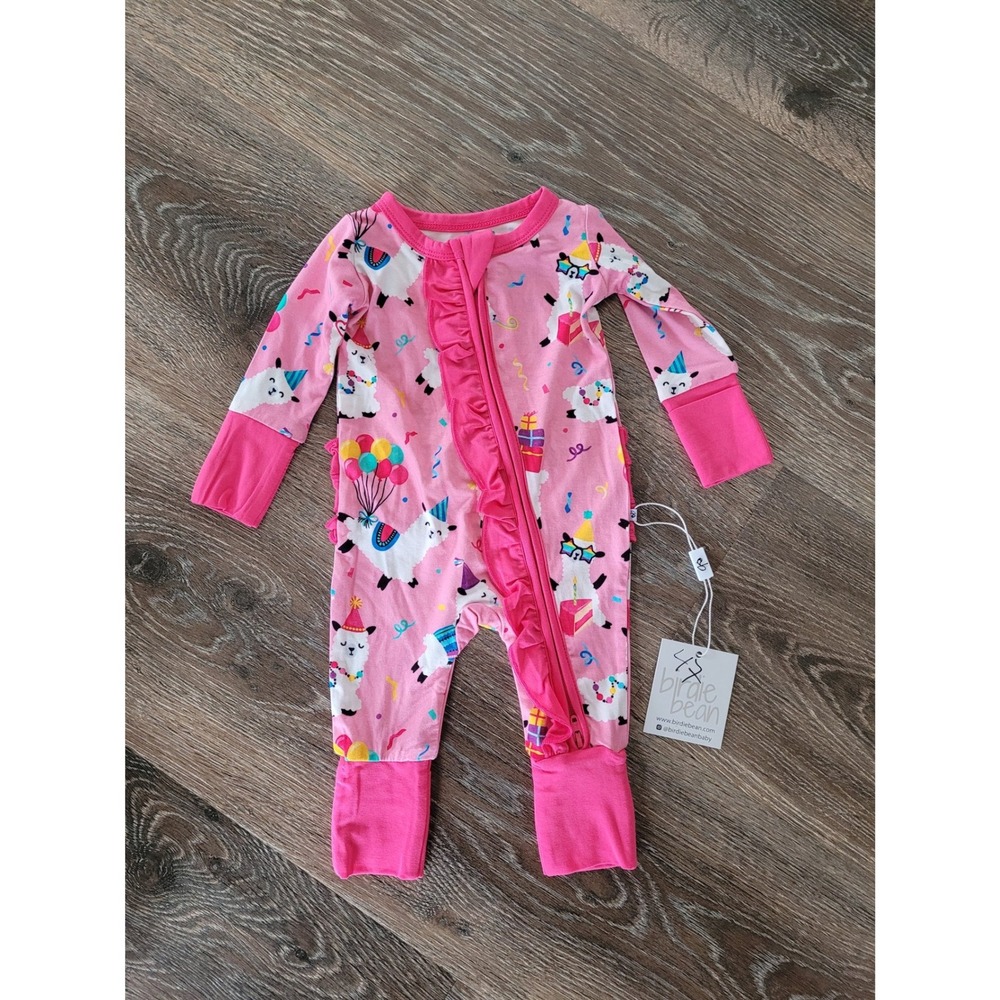 Birdie Bean Preemie Pink Llama Party Bamboo Viscose Ruffle Zip Romper Sleeper #6